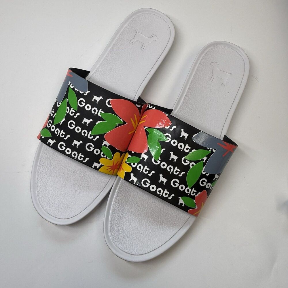 Goats Logo Tropical Print The Slide Slip On Sandal Beach Rubber Shoe Sz 9 New